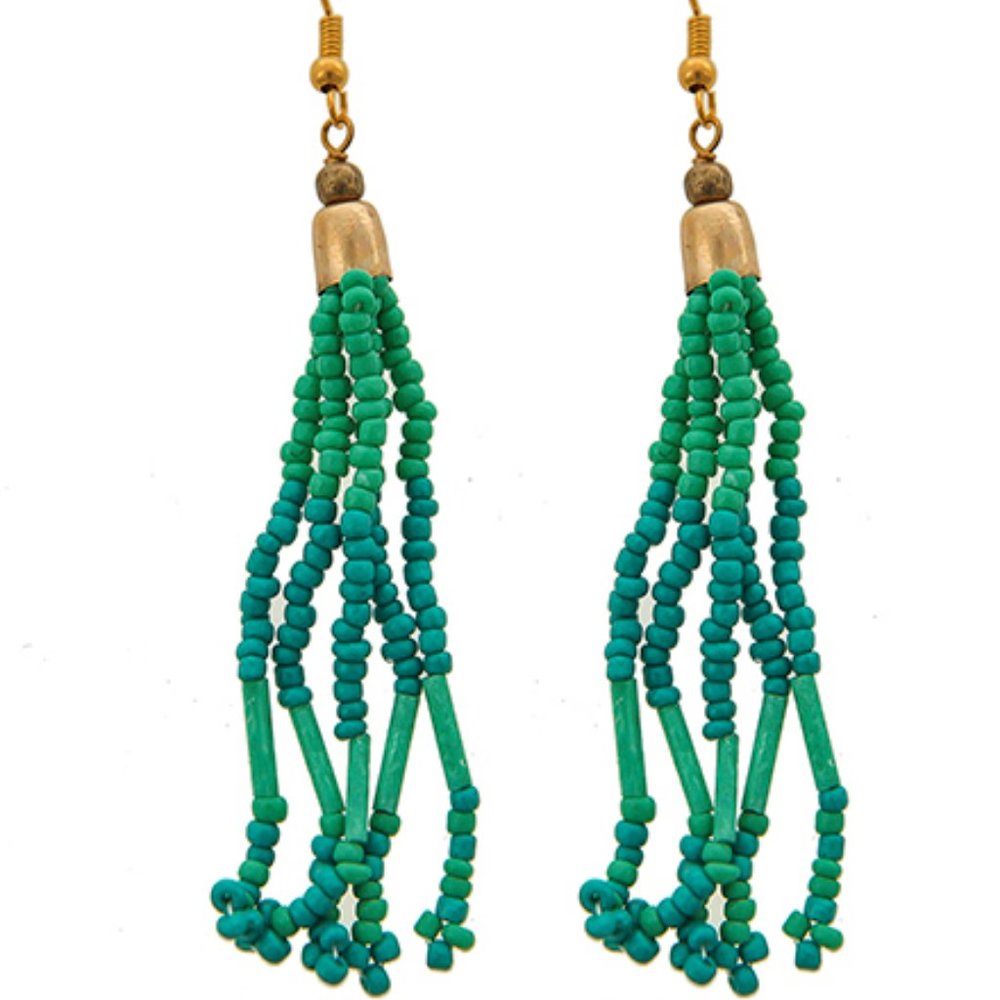 GOLD TONE GREEN FISH HOOK DANGLE EARRINGS